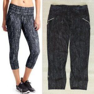 ATHLETA Wide‎ Waist Mesh inserts zip pocket Reflective Relay Capri 212405 Sz XS